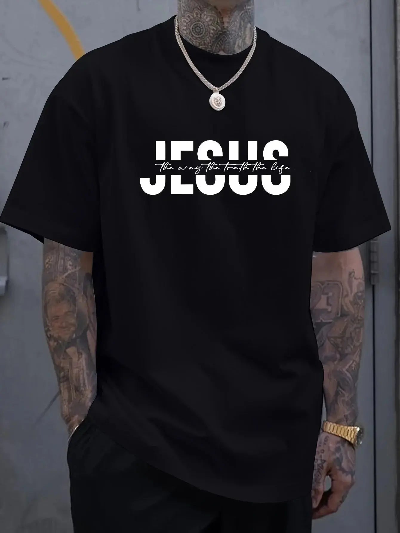 Men's 100% Cotton Crew Neck T-Shirt with "JESUS" Print, Casual Sports Style, Breathable Knit Fabric eprolo