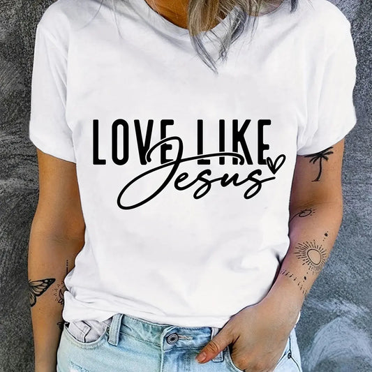 Love Like Jesus Print T-Shirt, Short Sleeve Crew Neck Casual Top For Summer & Spring, Women's Clothing Hebrews Revelation LLC