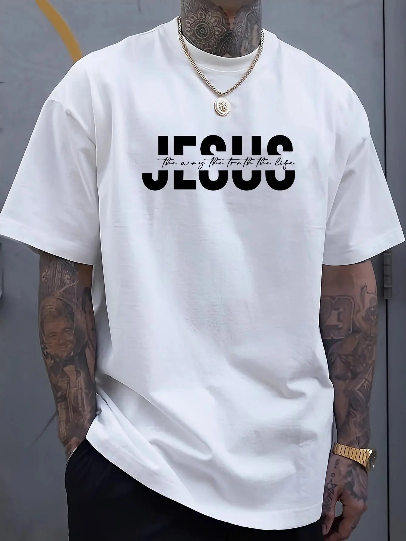 Men's 100% Cotton Crew Neck T-Shirt with "JESUS" Print, Casual Sports Style, Breathable Knit Fabric eprolo