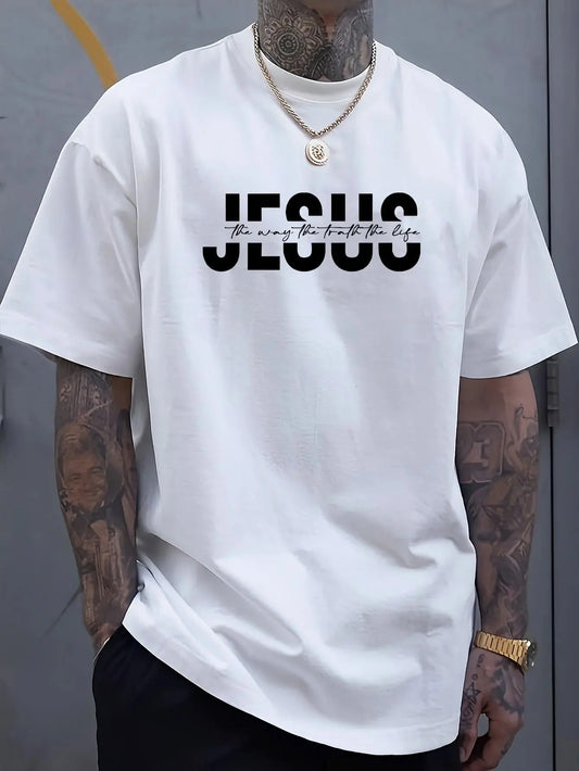 Men's 100% Cotton Crew Neck T-Shirt with "JESUS" Print, Casual Sports Style, Breathable Knit Fabric eprolo