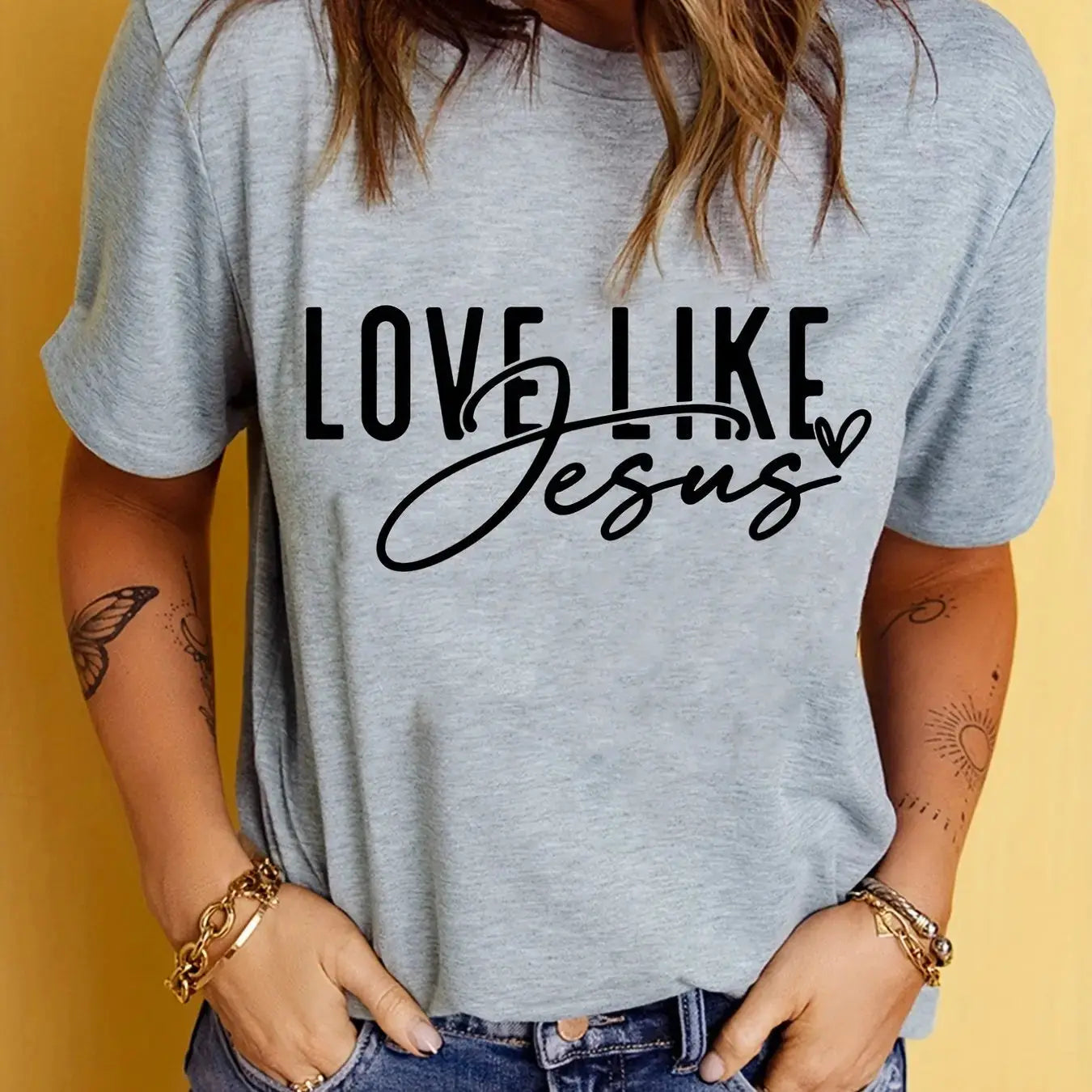 Love Like Jesus Print T-Shirt, Short Sleeve Crew Neck Casual Top For Summer & Spring, Women's Clothing Hebrews Revelation LLC