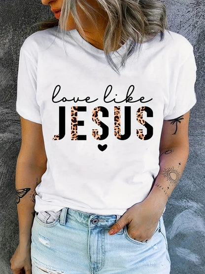 Love Like Jesus Print T-Shirt, Short Sleeve Crew Neck Casual Top For Summer & Spring, Women's Clothing Hebrews Revelation LLC