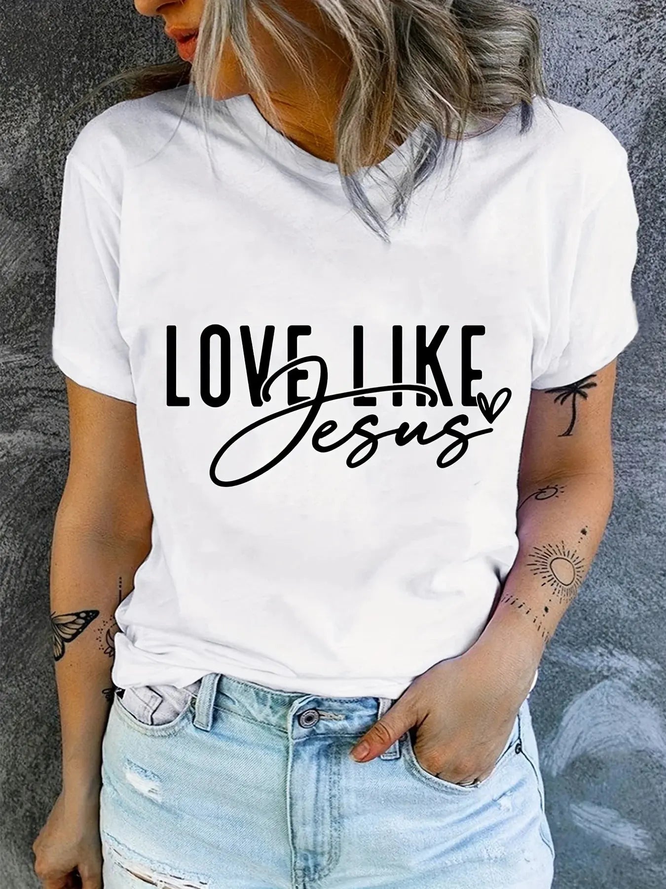 Love Like Jesus Print T-Shirt, Short Sleeve Crew Neck Casual Top For Summer & Spring, Women's Clothing Hebrews Revelation LLC