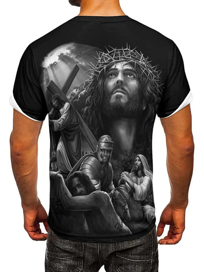 Men'S Plus Size Jesus 3D Print Short Sleeve T-Shirt - Soft Polyester Comfortable Round Neck Tee with Cross & Figures Design Hebrews Revelation LLC