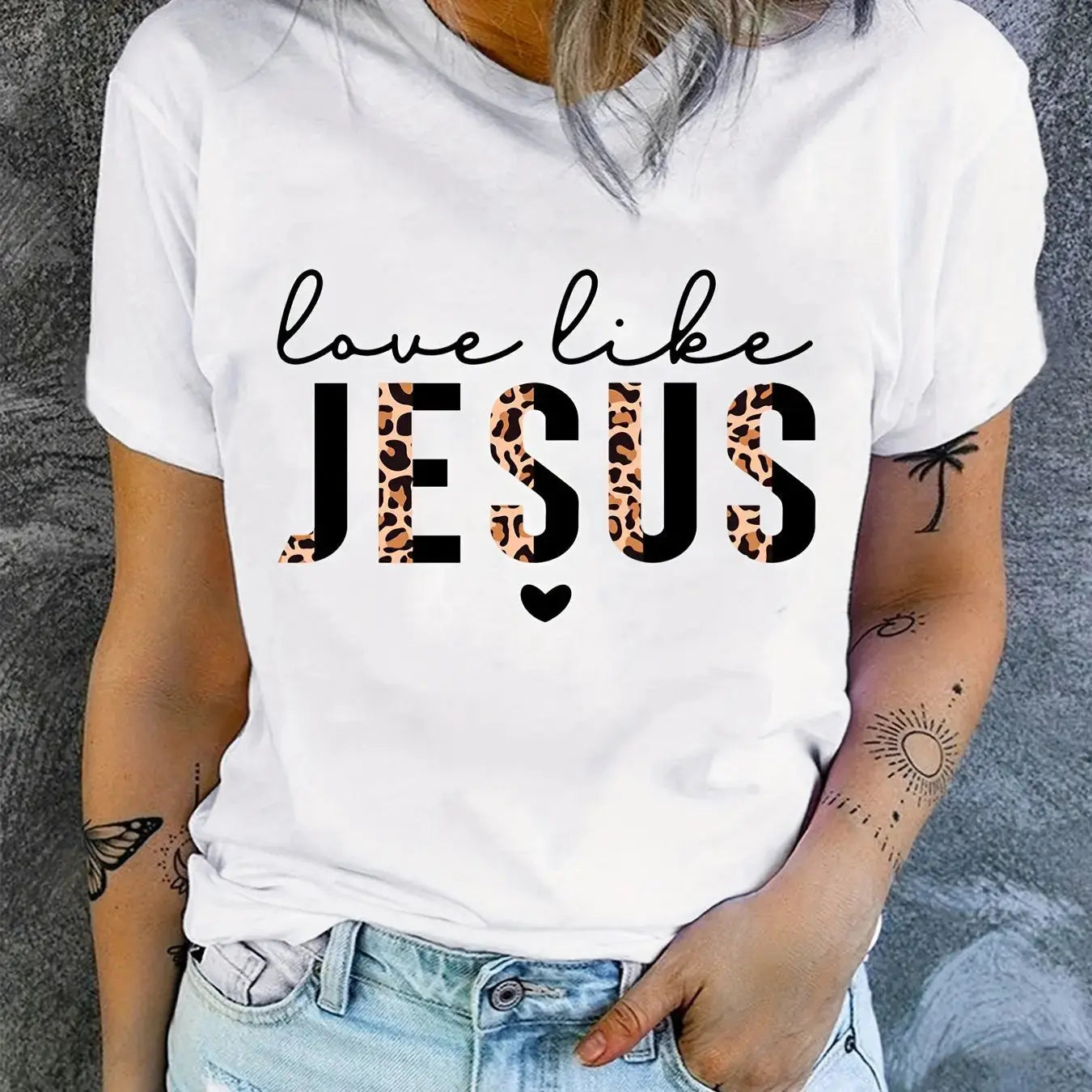 Love Like Jesus Print T-Shirt, Short Sleeve Crew Neck Casual Top For Summer & Spring, Women's Clothing Hebrews Revelation LLC