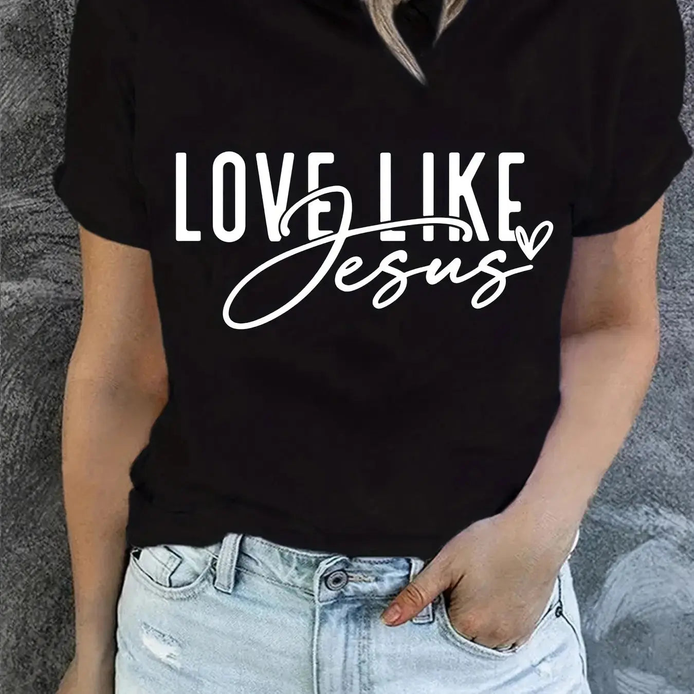 Love Like Jesus Print T-Shirt, Short Sleeve Crew Neck Casual Top For Summer & Spring, Women's Clothing Hebrews Revelation LLC
