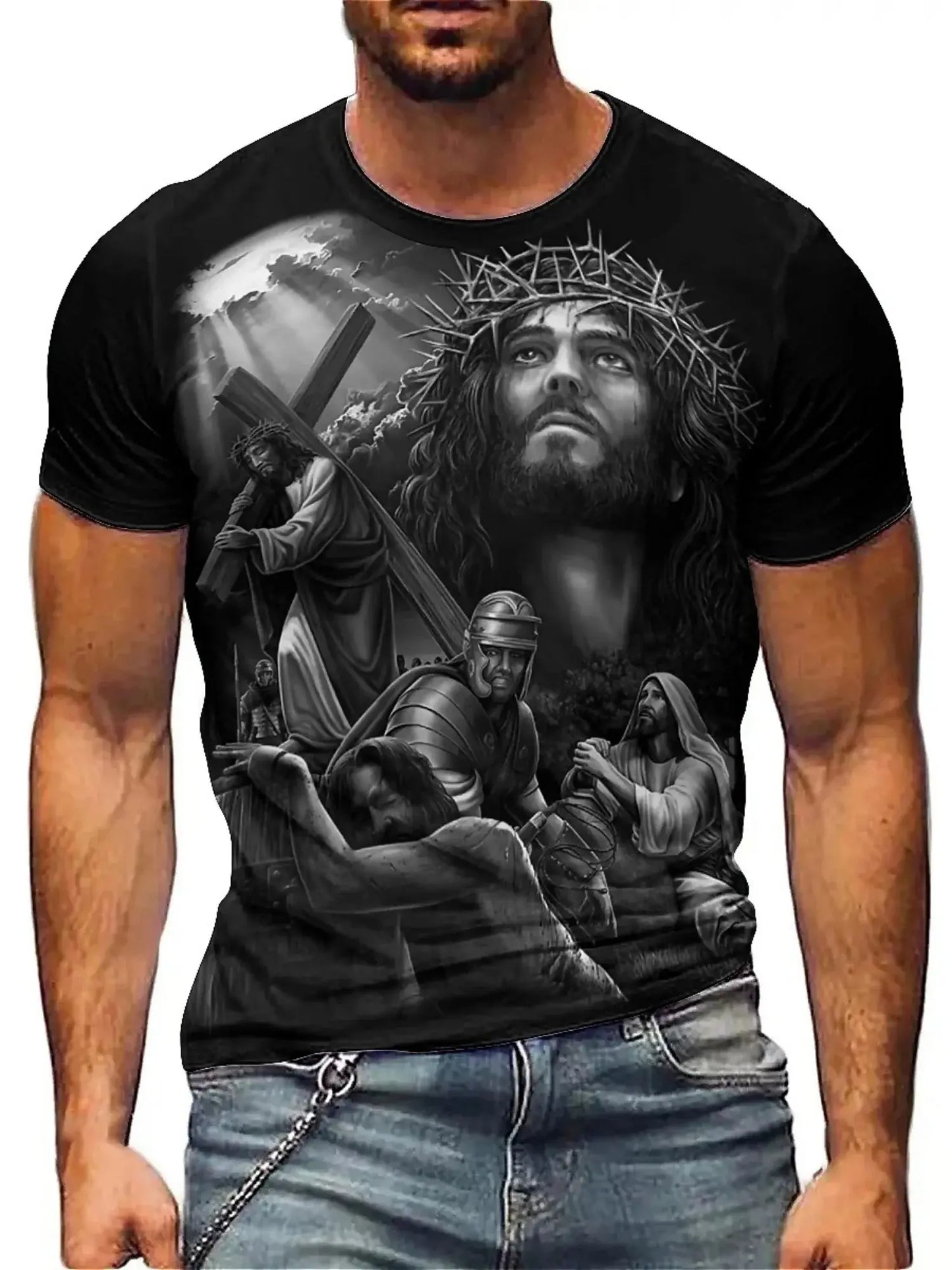 Men'S Plus Size Jesus 3D Print Short Sleeve T-Shirt - Soft Polyester Comfortable Round Neck Tee with Cross & Figures Design Hebrews Revelation LLC