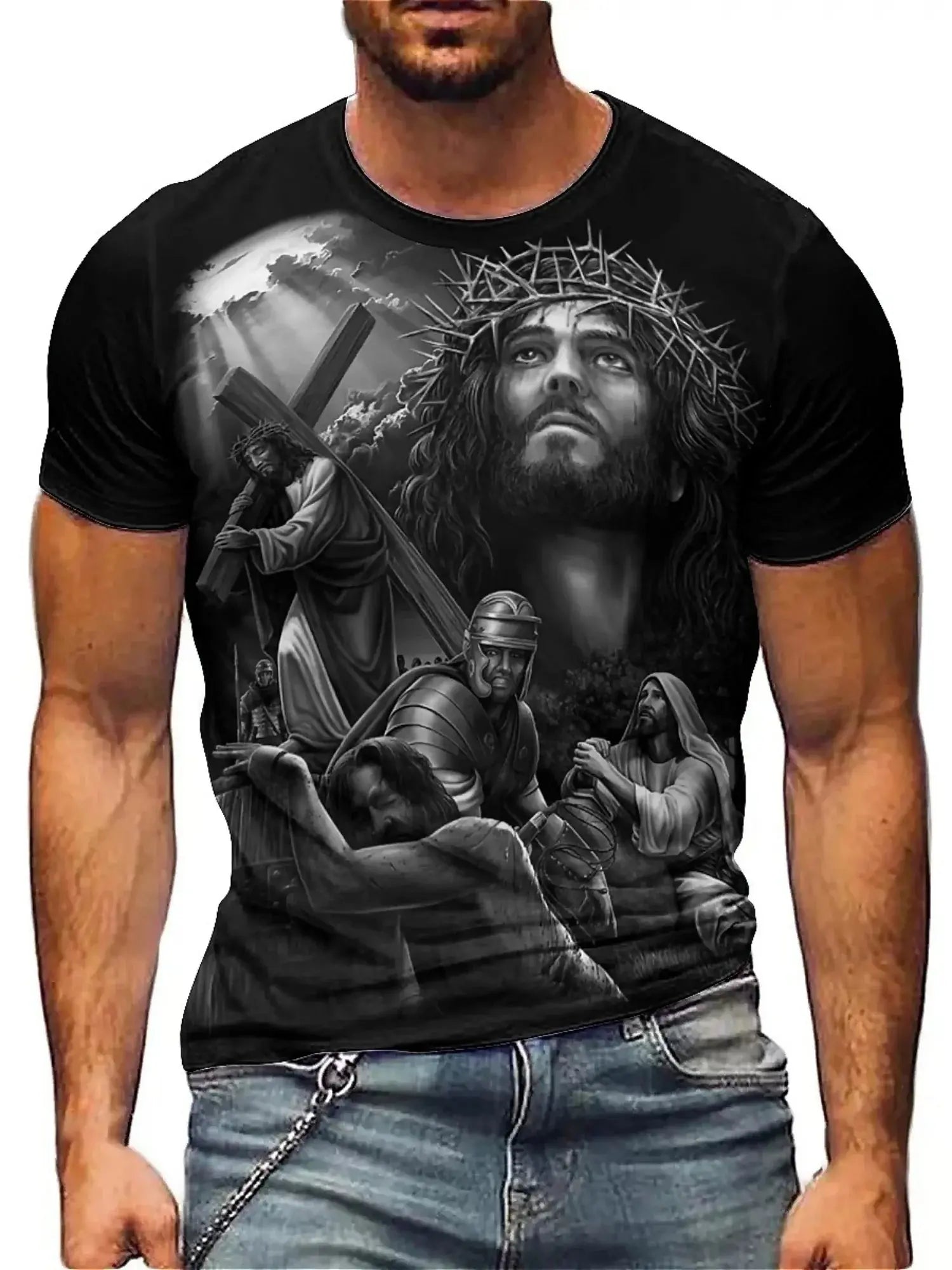 Men'S Plus Size Jesus 3D Print Short Sleeve T-Shirt - Soft Polyester Comfortable Round Neck Tee with Cross & Figures Design Hebrews Revelation LLC