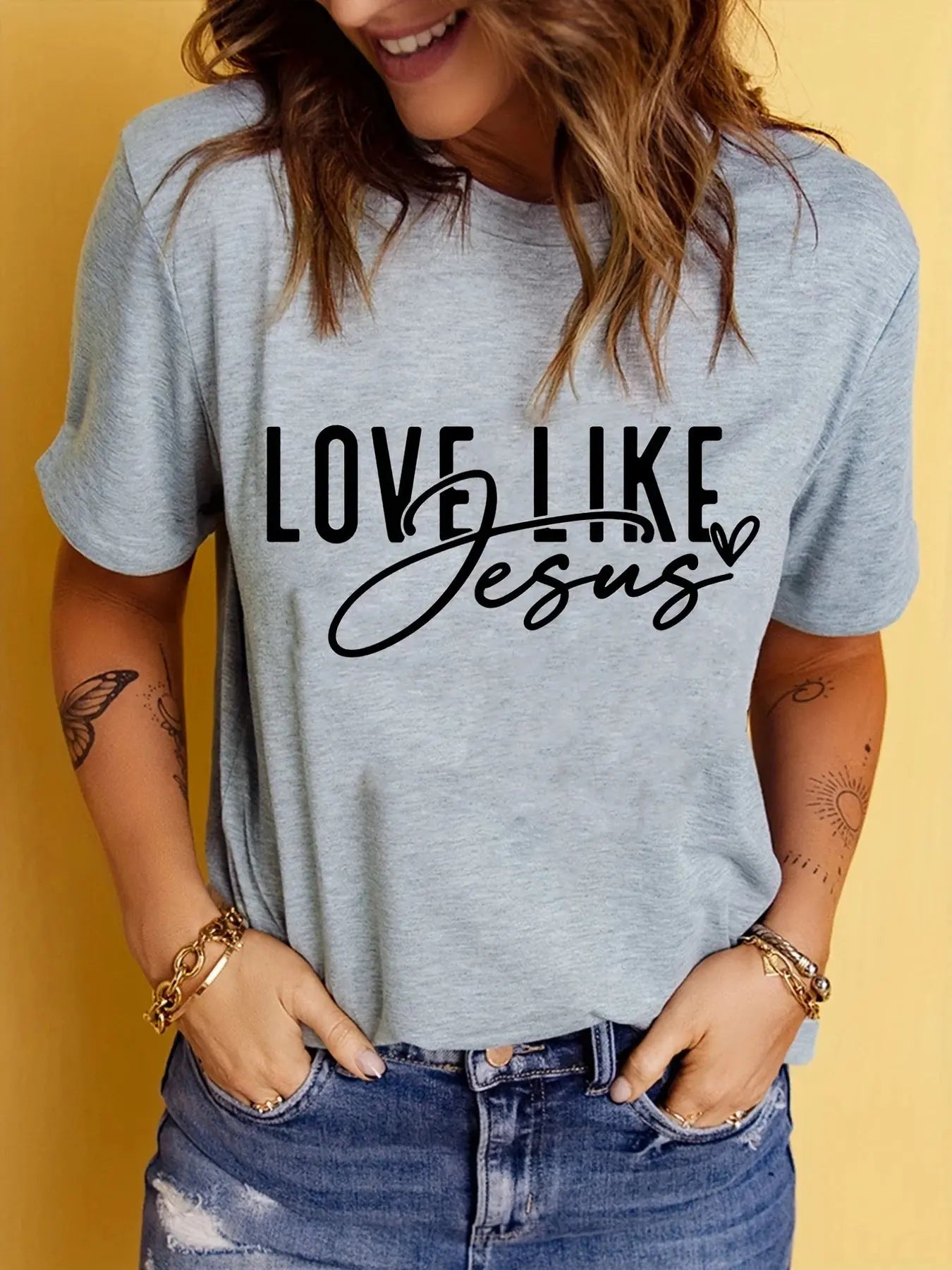 Love Like Jesus Print T-Shirt, Short Sleeve Crew Neck Casual Top For Summer & Spring, Women's Clothing Hebrews Revelation LLC