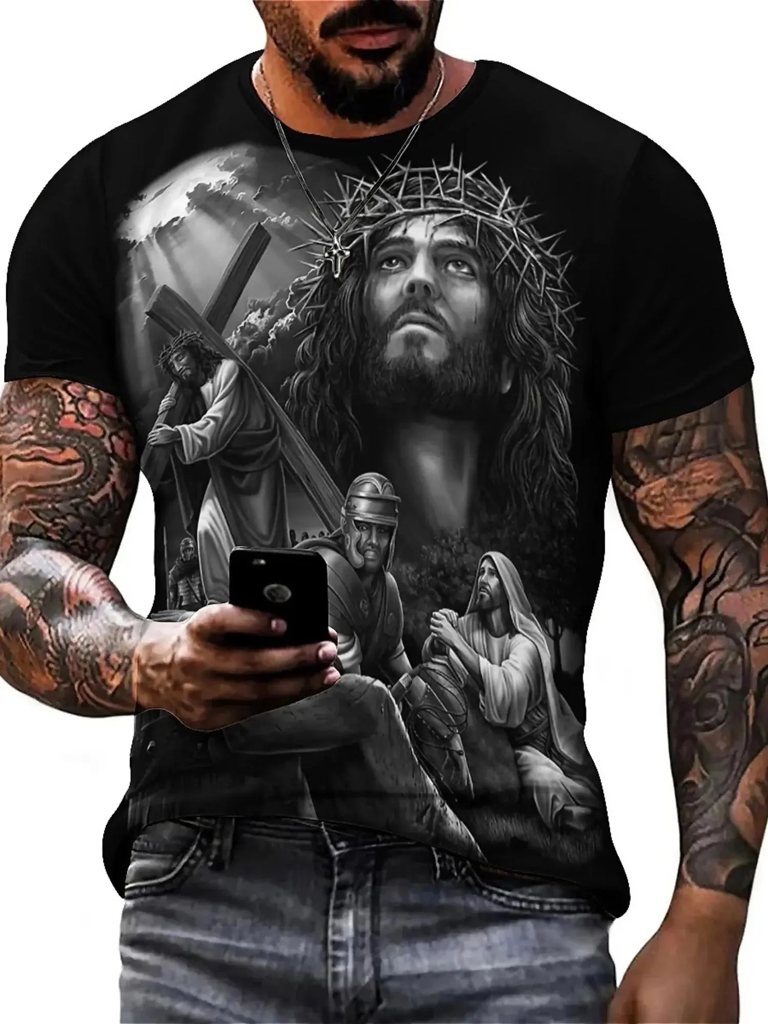 Men'S Plus Size Jesus 3D Print Short Sleeve T-Shirt - Soft Polyester Comfortable Round Neck Tee with Cross & Figures Design Hebrews Revelation LLC