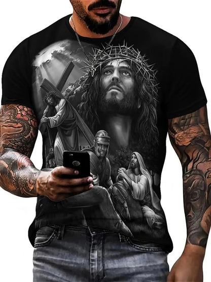 Men'S Plus Size Jesus 3D Print Short Sleeve T-Shirt - Soft Polyester Comfortable Round Neck Tee with Cross & Figures Design Hebrews Revelation LLC