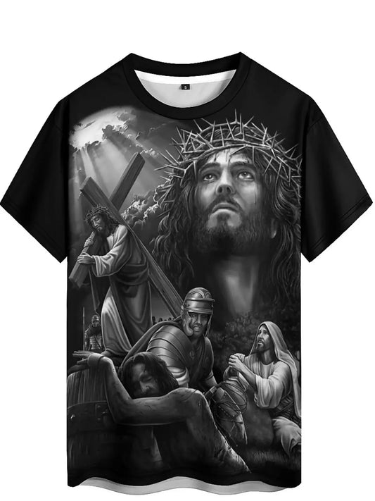 Men'S Plus Size Jesus 3D Print Short Sleeve T-Shirt - Soft Polyester Comfortable Round Neck Tee with Cross & Figures Design Hebrews Revelation LLC