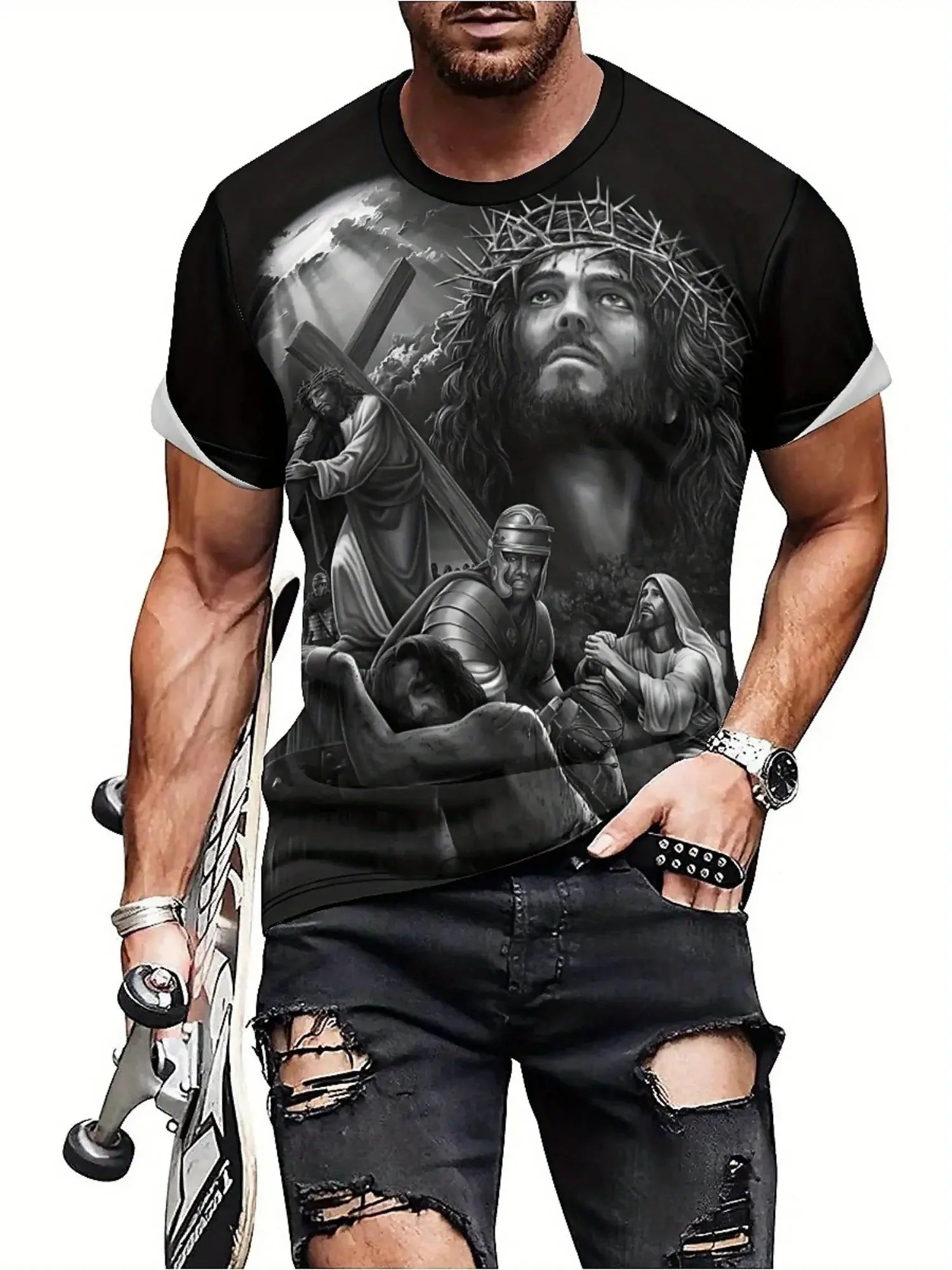 Men'S Plus Size Jesus 3D Print Short Sleeve T-Shirt - Soft Polyester Comfortable Round Neck Tee with Cross & Figures Design Hebrews Revelation LLC
