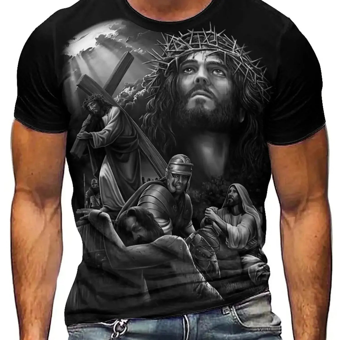 Men'S Plus Size Jesus 3D Print Short Sleeve T-Shirt - Soft Polyester Comfortable Round Neck Tee with Cross & Figures Design Hebrews Revelation LLC